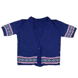 1950s Short Sleeve Cardigan Womens M Navy Blue Wool Fair Isle Vintage sweater